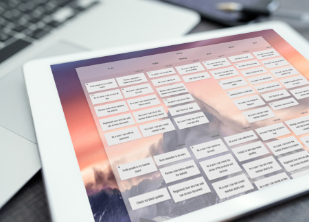 A tablet with a Kanban Tool visual process board