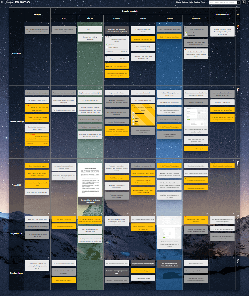 Construction work processs visualized on a Kanban Tool board