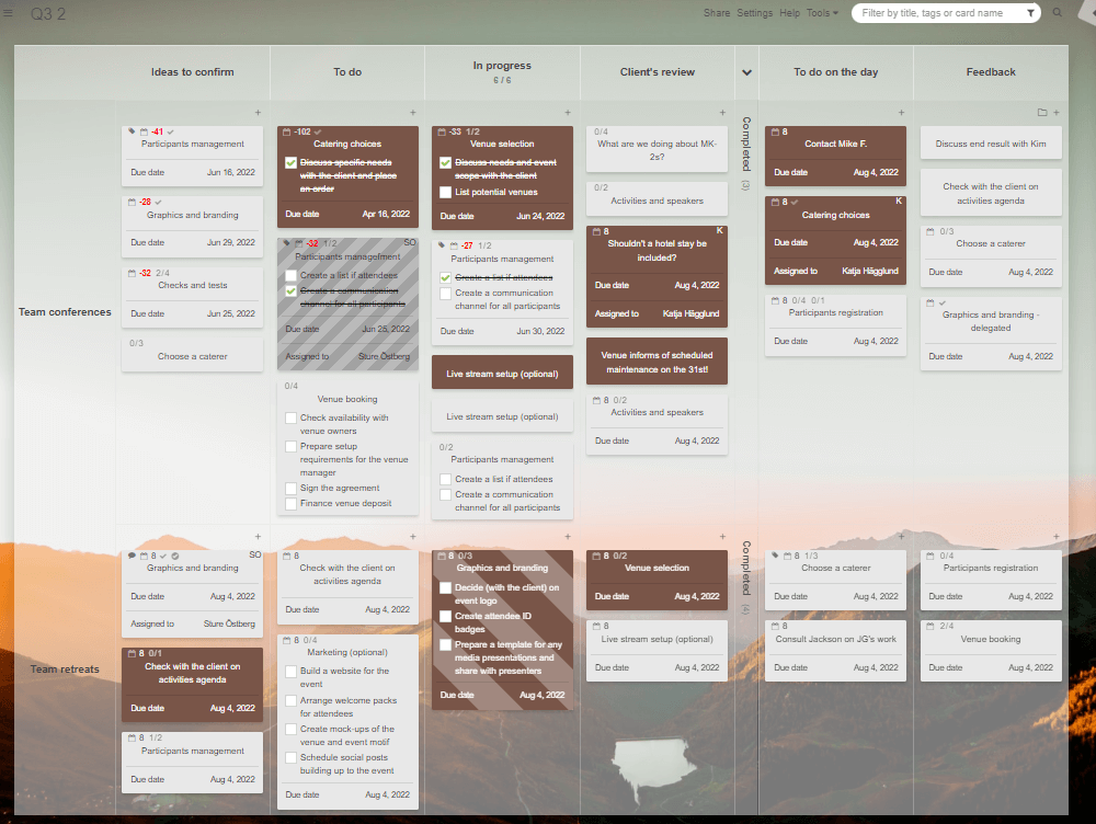 Event planning workflow showed on a Kanban Tool board
