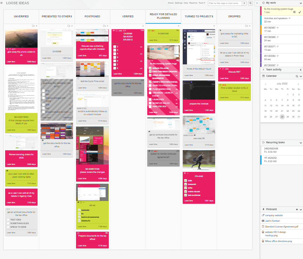 Ideas backlog showed on a Kanban Tool board