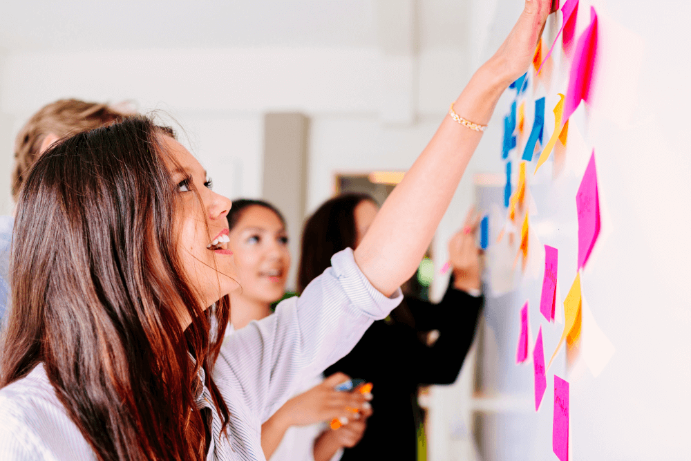 A team working with an office wall Kanban