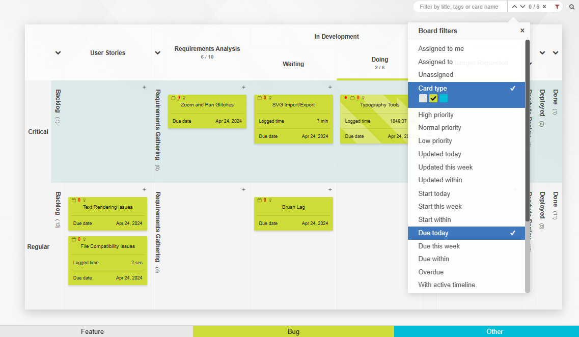 A Kanban Tool process board filtered by type of task and due date