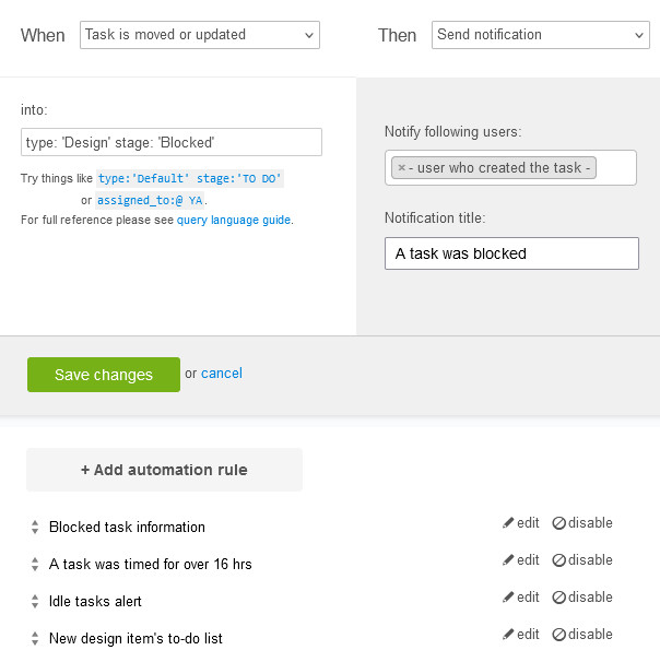 Custom process automation at a Kanban Tool board settings page