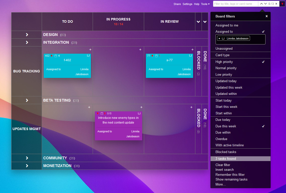 A Kanban Tool board filtered by numerous criteria