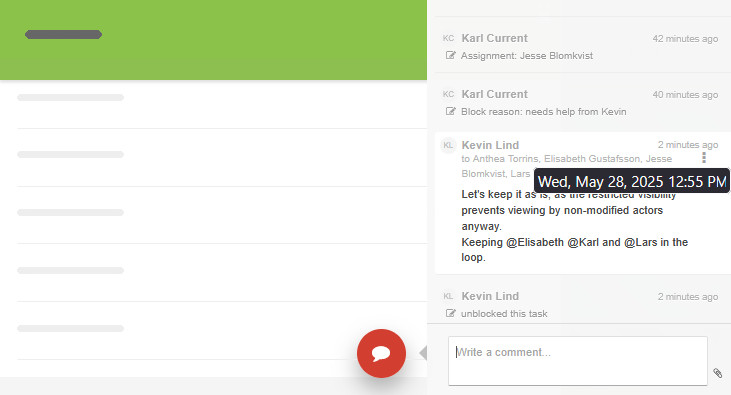 Decision made and recorded in task comment with auto timestamp Kanban Tool task with automatic editing records and a comment recording a decision being made