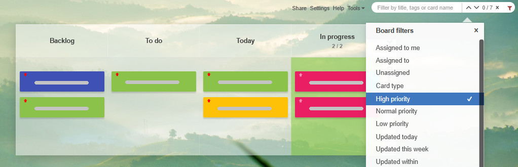 A Kanban Tool board filtered by priorities