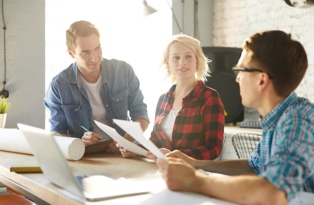 A lively team discussion in an office