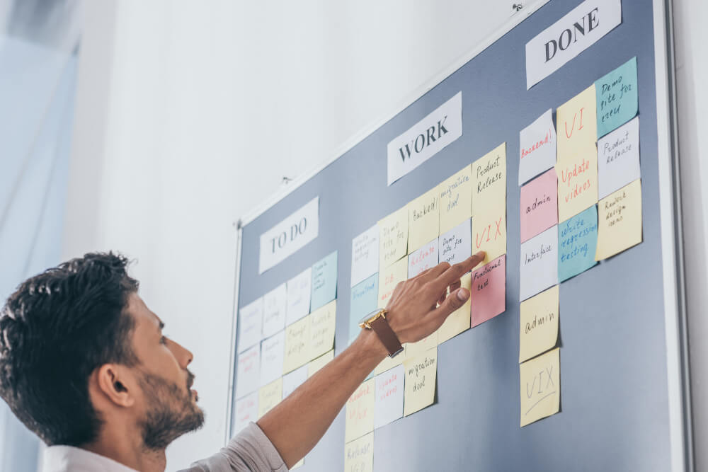 Man looking at a Kanban board