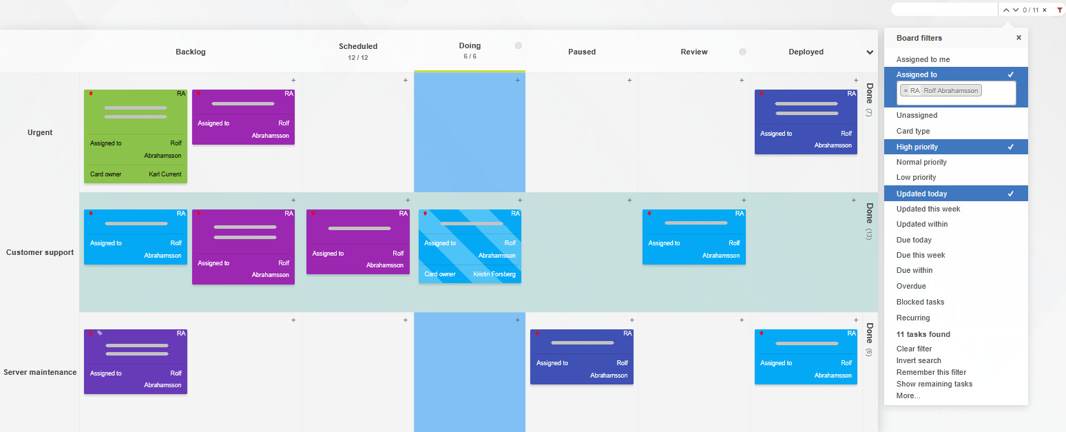 Kanban board filtered by several criteria A Kanban Tool board filtered by several criteria