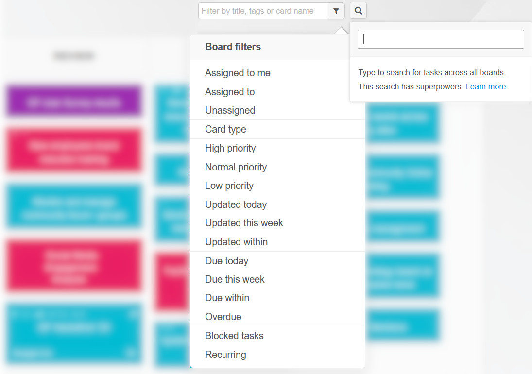 Kanban Tool on-board filtering and all-boards search