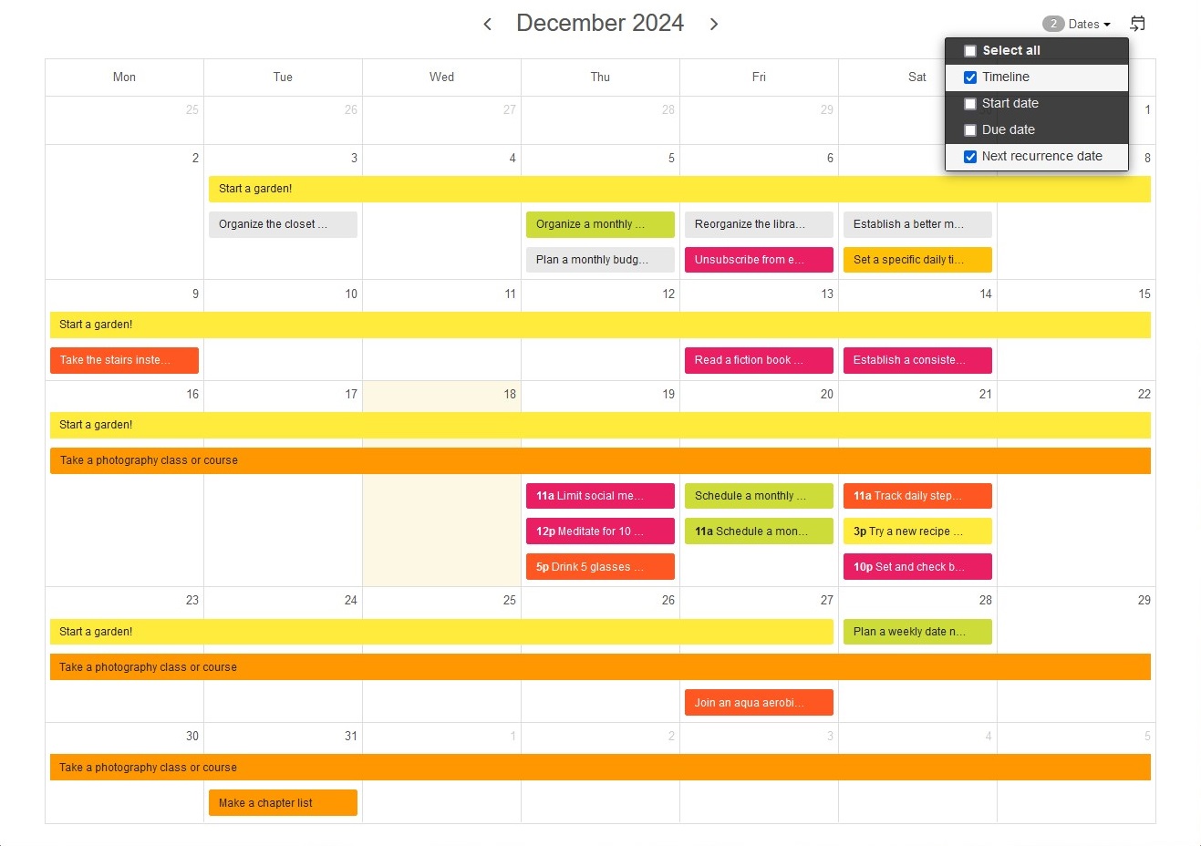 A calendar view of a Kanban board with task deadlines and timelines