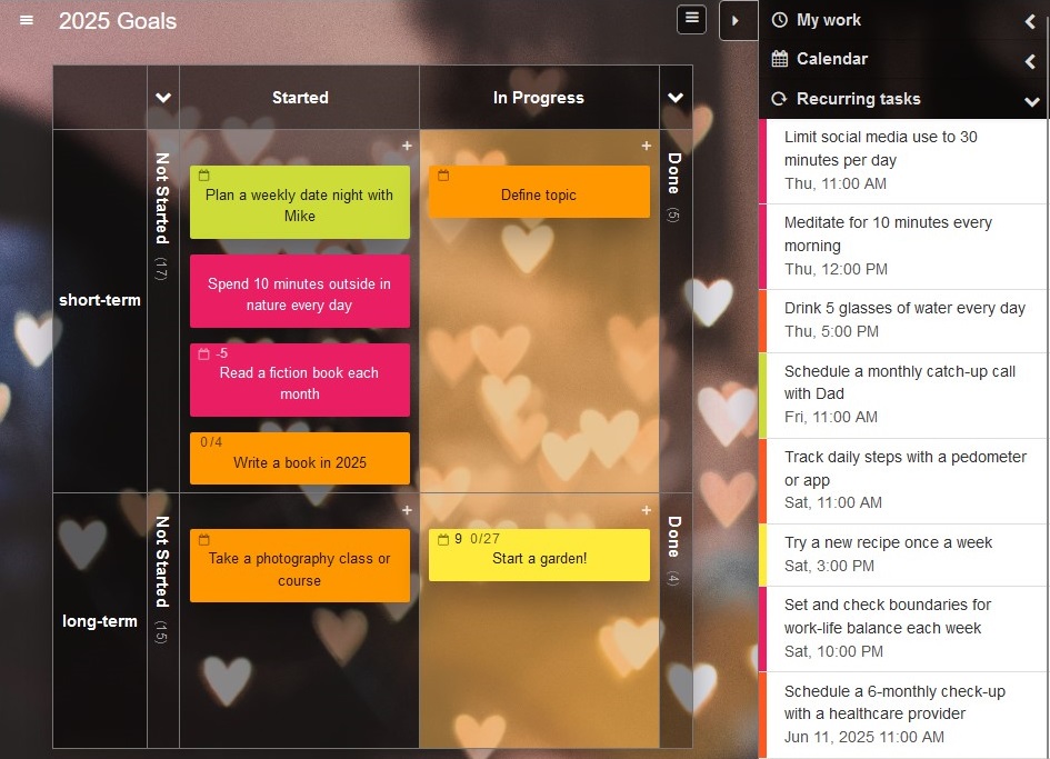 Recurring Tasks preview on a Kanban Tool personal improvement board