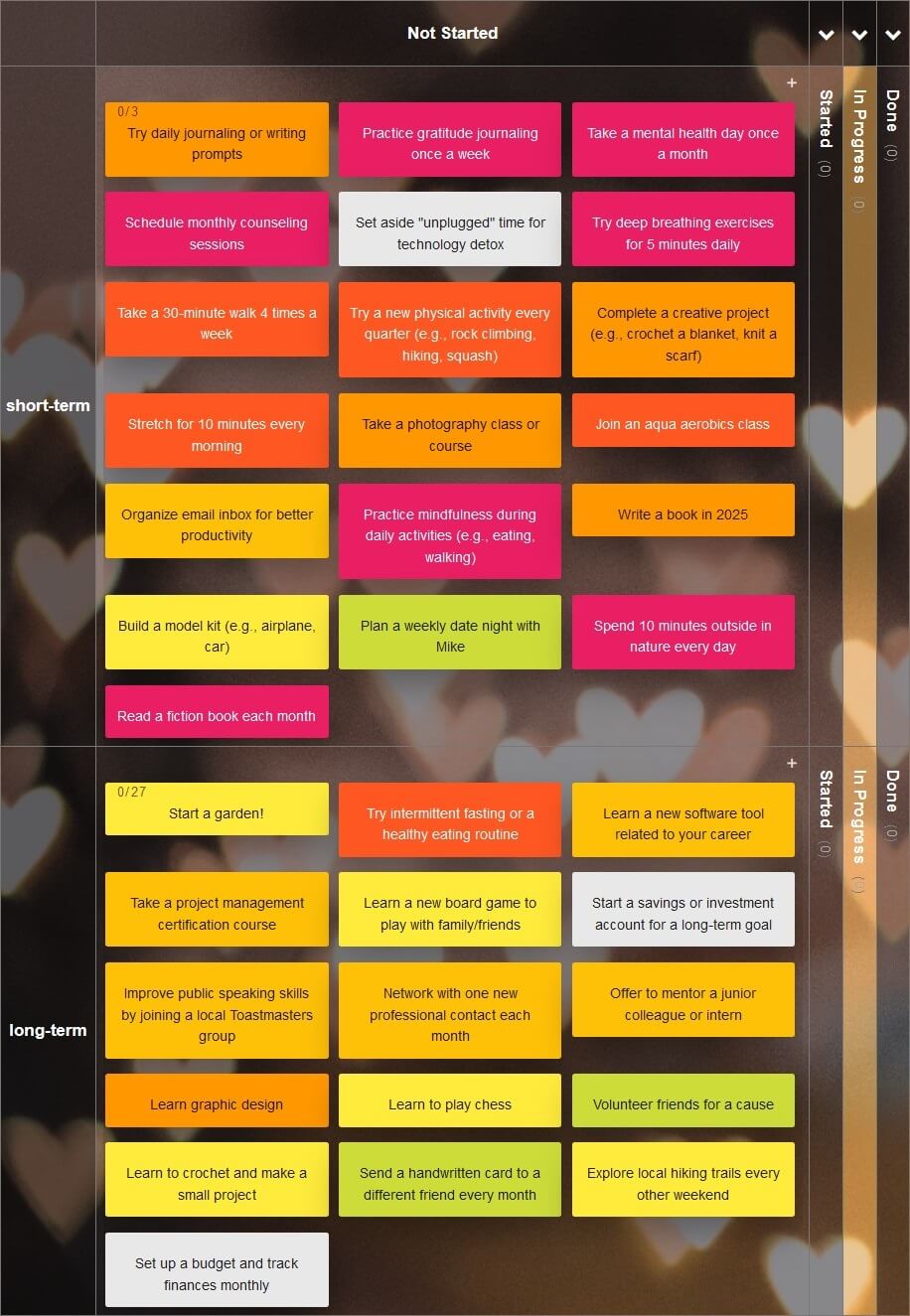 A custom Kanban Tool board with personal improvement goals as actionable tasks