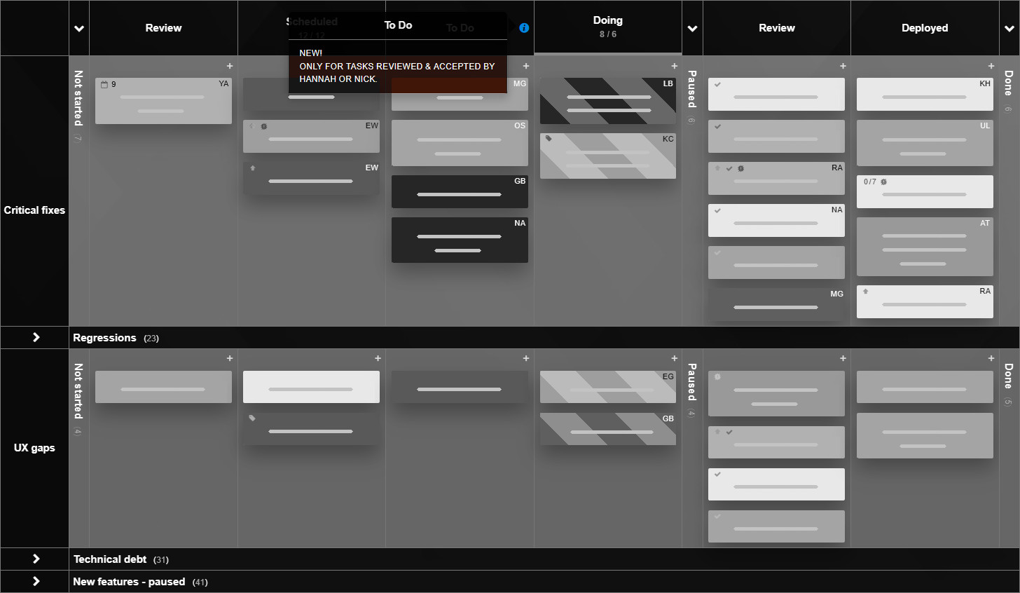 Kanban Tool board with a lane policy notifying of a process change
