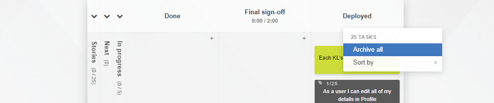 Kanbantool.com - Scrum - archive all sprint tasks