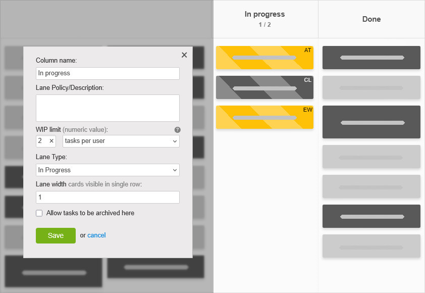 A Kanban Tool board with custom WIP limit settings