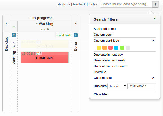 Kanban board search filters