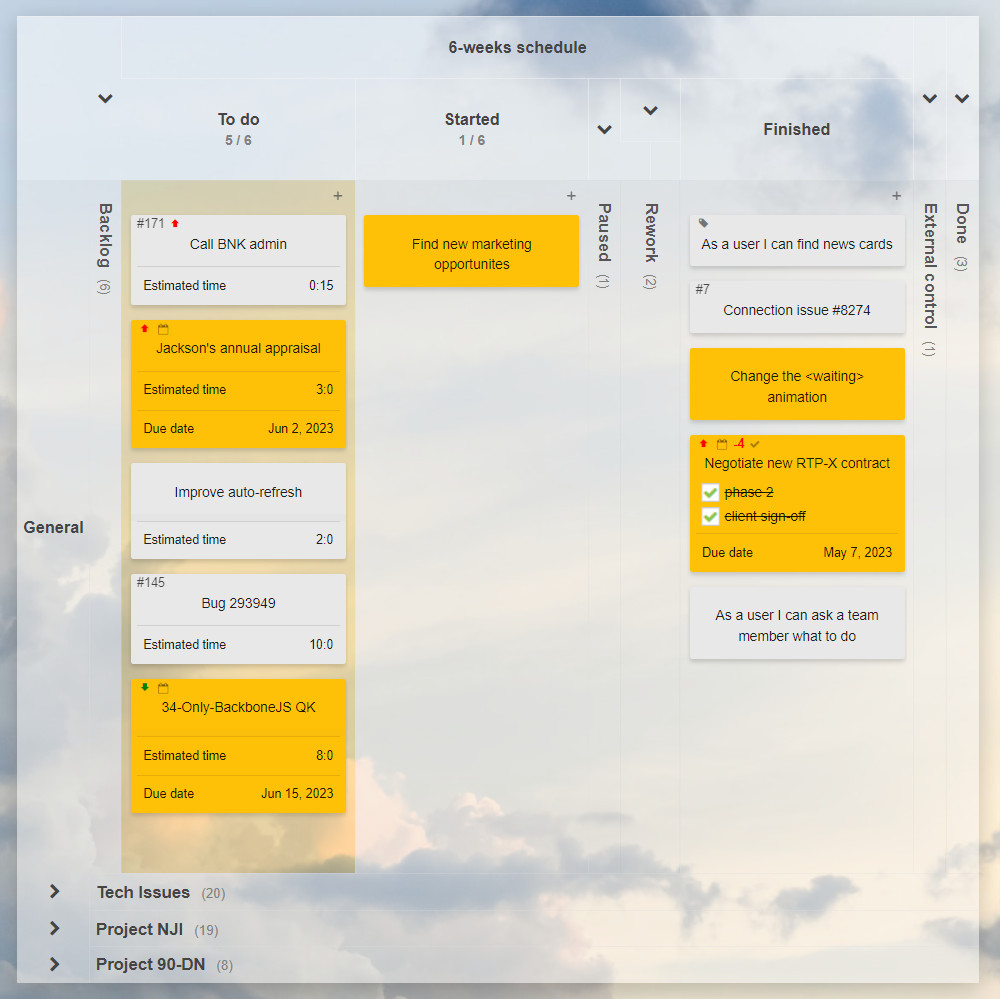 A kanbantool.com task board with one column's tasks sorted by priority