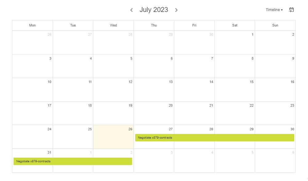 Kanban Tool large interactive calendar with a task timeline showing
