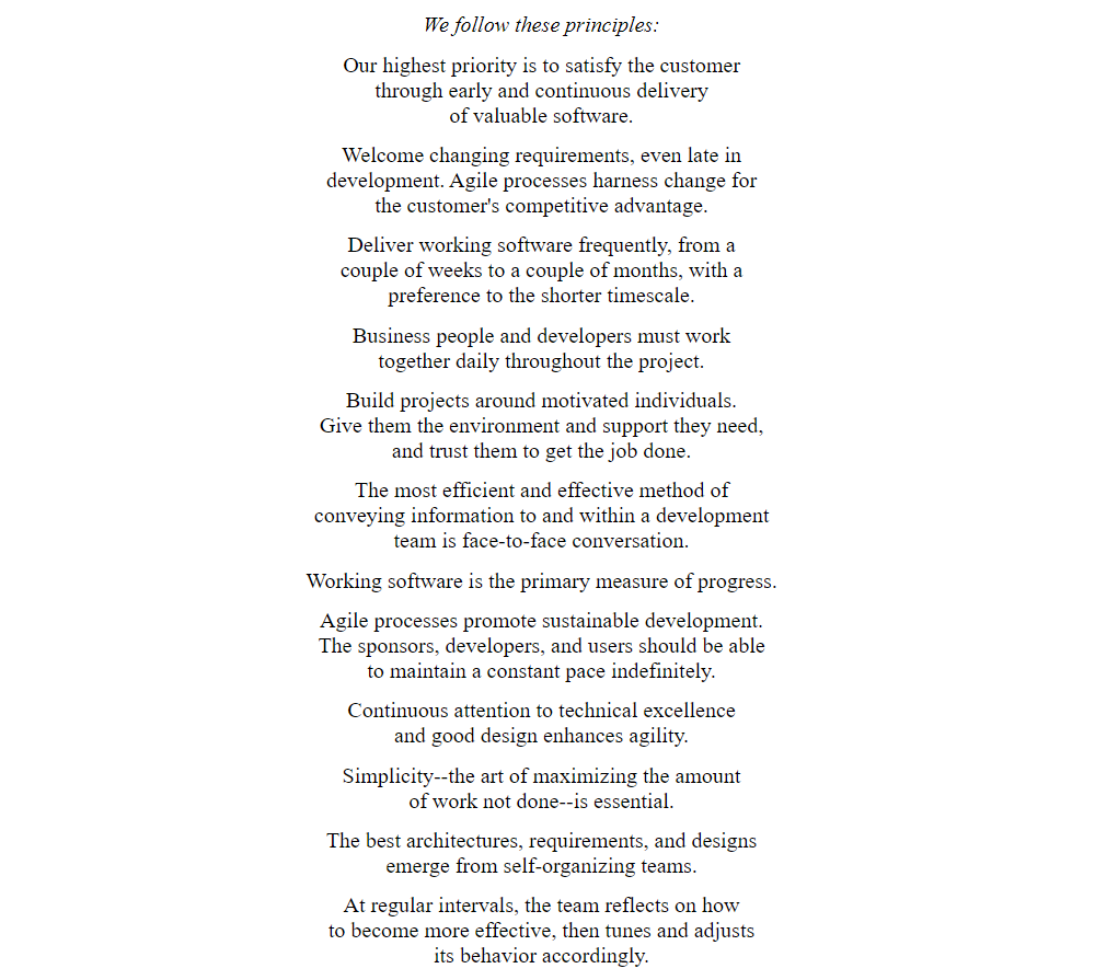A screenshot of the Agile Manifesto principles