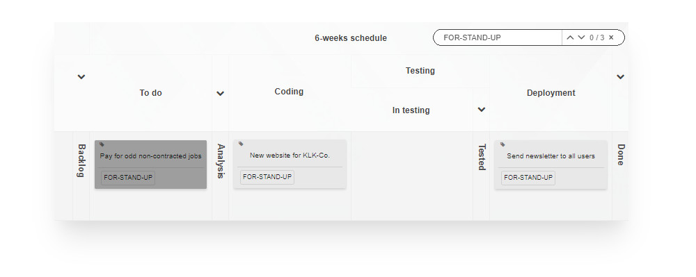 Kanban Tool board filtered by tasks with a 'For-stand-up' tag