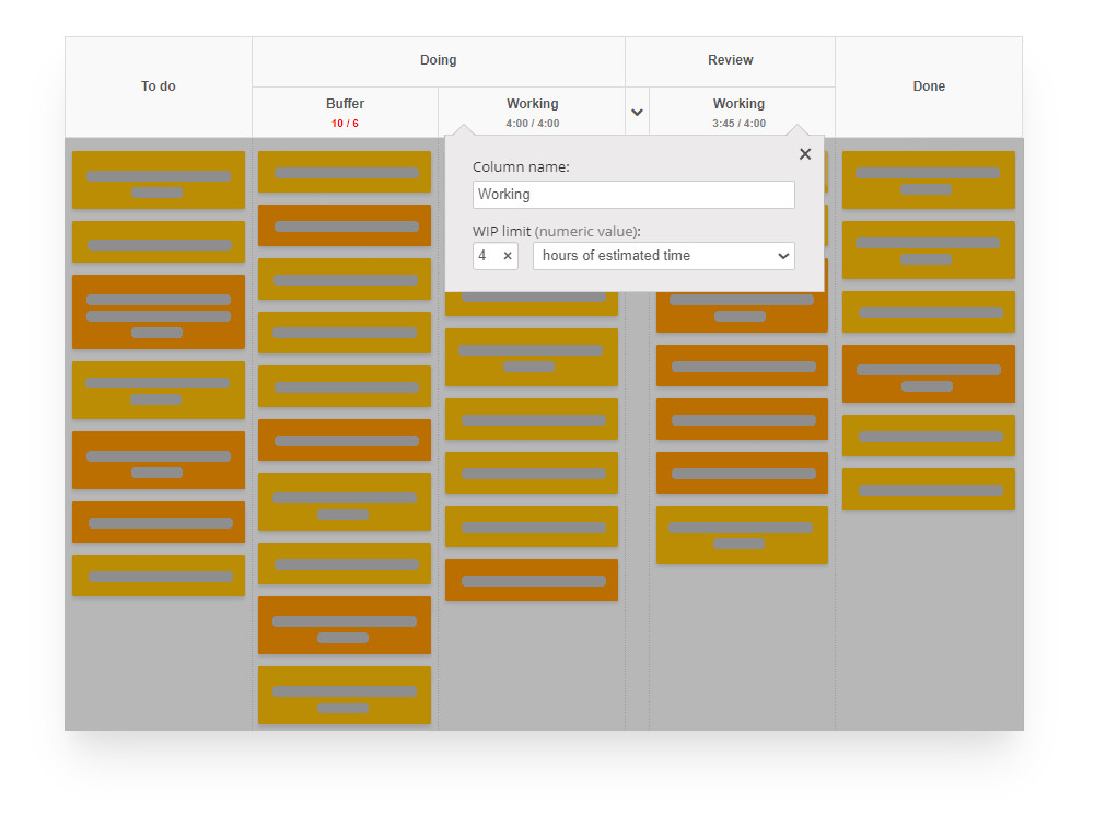 Kanban Tool board with WIP limits per number of tasks and hours of estimated time