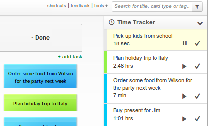 Kanban Tool Time Tracking - Timers list