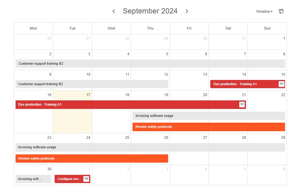 Kanban Tool's built-in interactive calendar view with task timelines