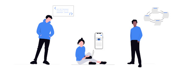 A team at work with graphs and devices around them