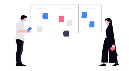 Daily stand-up short-term alignment Colleagues discussing a project in front of a Kanban board