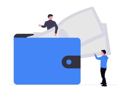 A giant wallet with cash