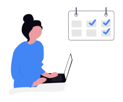 Woman working on a laptop with a Kanban board on the wall behind her