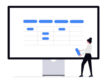 Woman working with a large Kanban-style timeline graphic