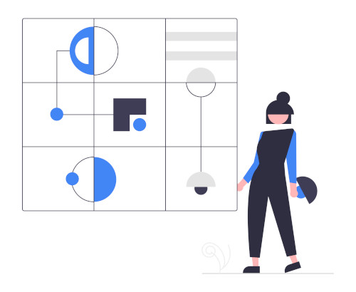 Woman next to a visual board with abstract diagrams