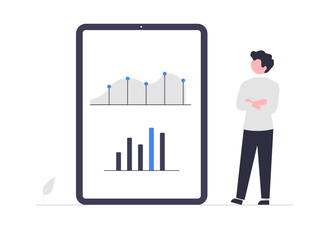 A man stands next to a set of performance graphs