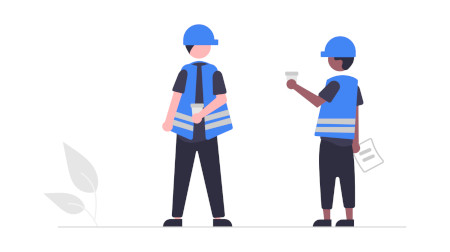 Physical product development Factory workers in high-vis vests in conversation