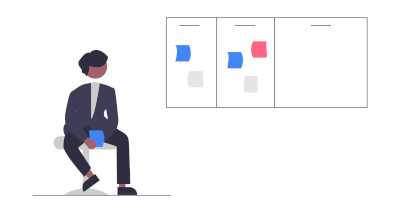 Service delivery review - delivery assessment Man sitting deep in thought next to a Kanban board