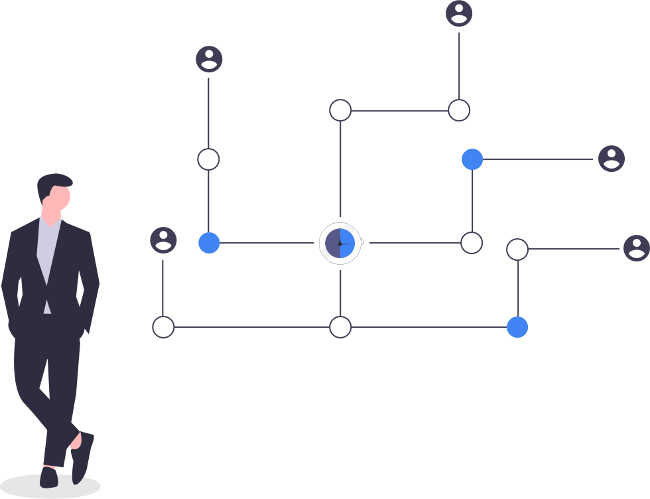 A man stands next to a flowchart diagram