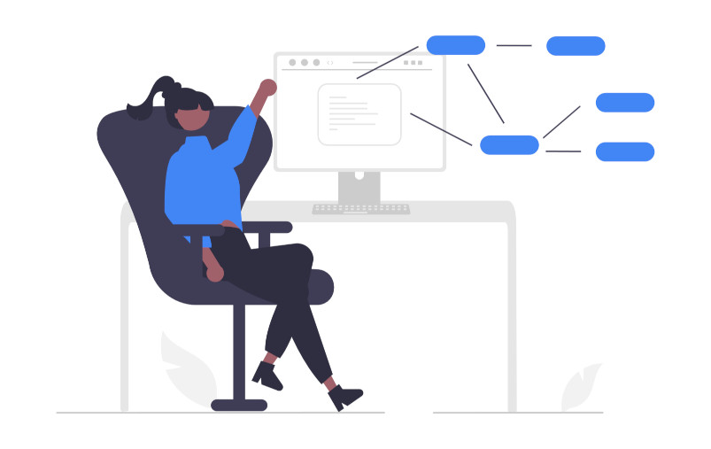 Software engineer sitting at her desk and a process map unfolds from the PC screen