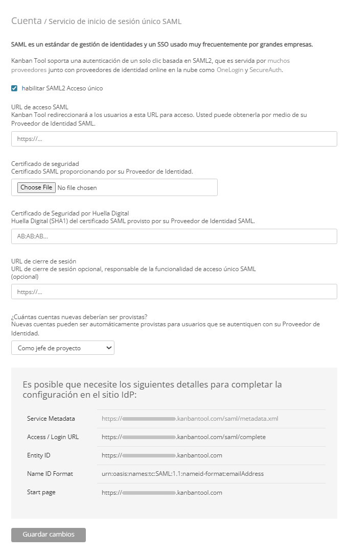 Configuración SSO con SAML