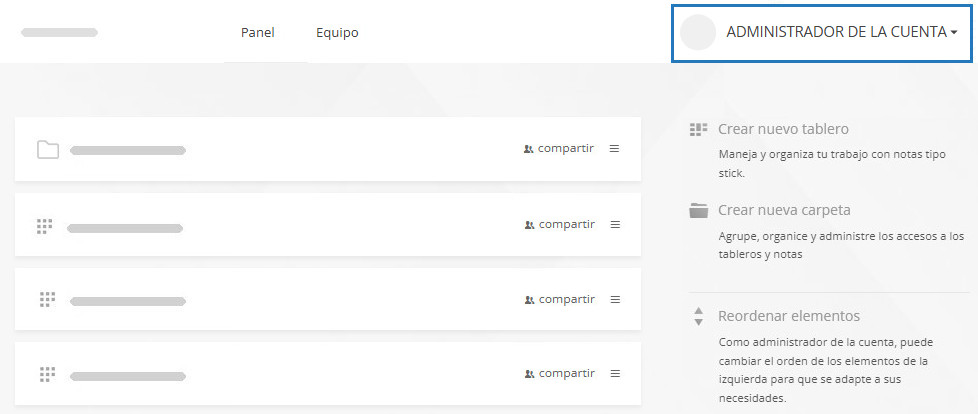 Contenido del panel para un administrador de cuenta