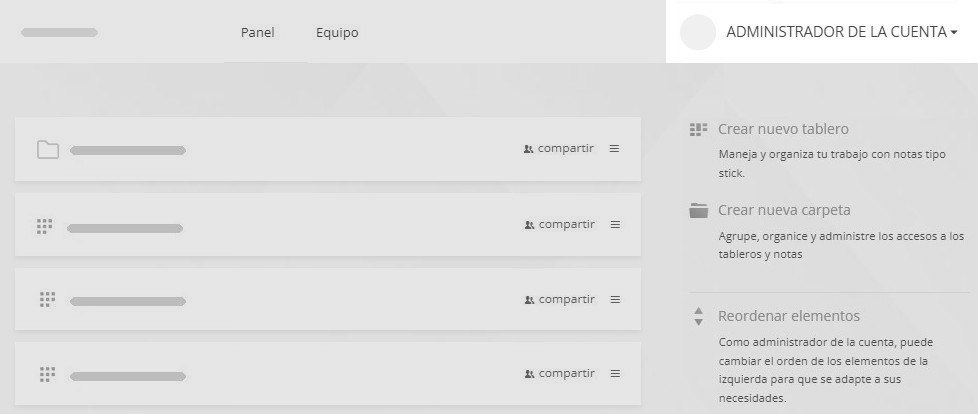 Contenido del panel para un administrador de cuenta