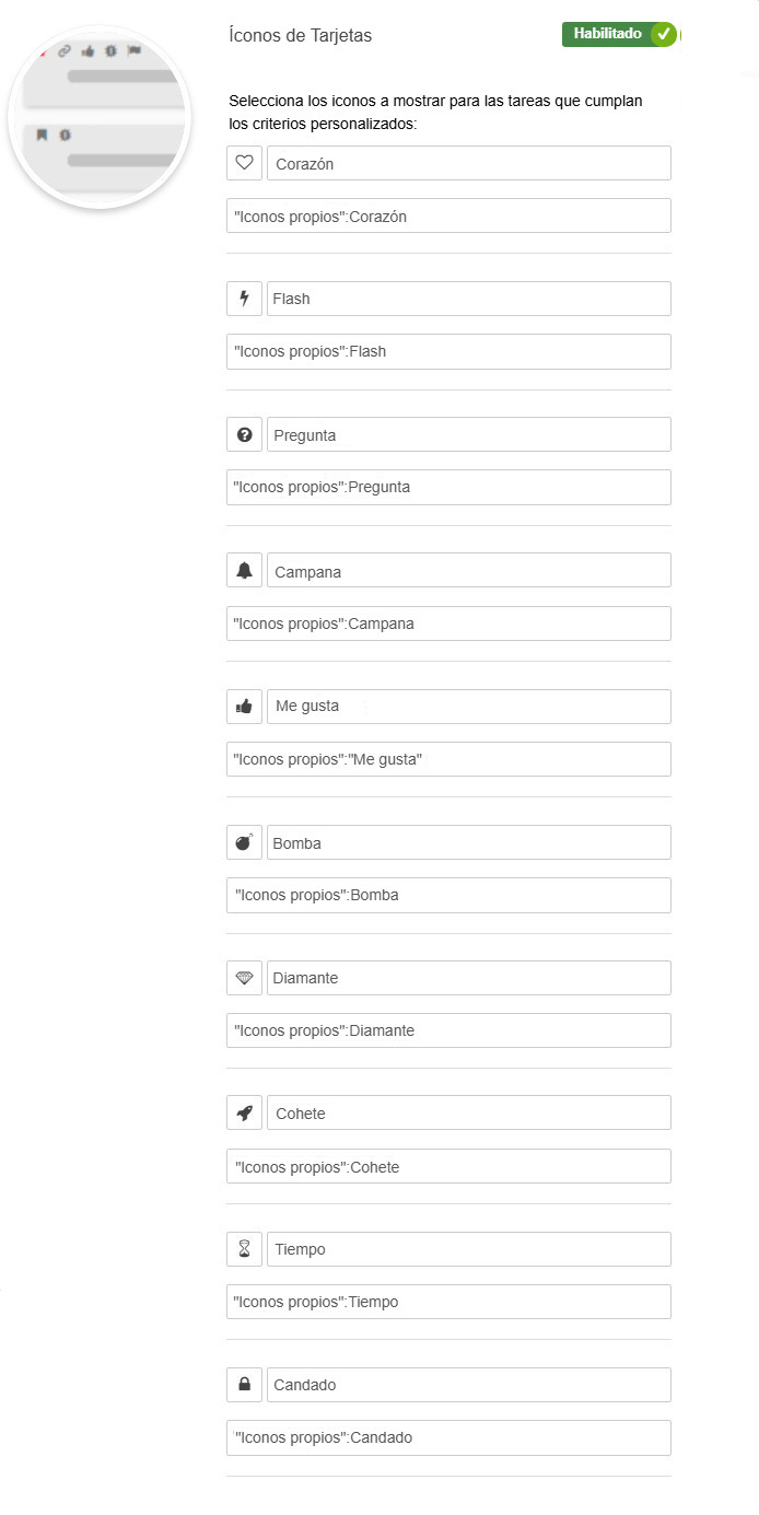 Configuración de íconos para las tarjetas propias - sección del complemento