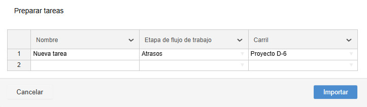 Importar una nueva tarea desde una hoja de cálculo