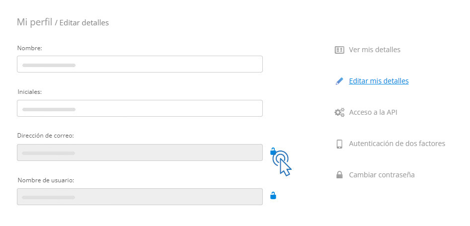 Edición de la dirección de correo del usuario Haga clic en el icono del candado para cambiar la dirección de correo