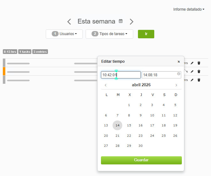 Modificar una entrada de tiempo desde el informe detallado Modificar una entrada de tiempo desde el informe detallado