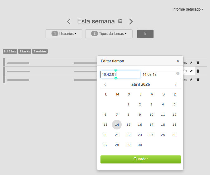 Modificar una entrada de tiempo desde el informe detallado