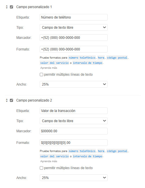 Ejemplo de tarea con formato de campo predefinido - ajustes