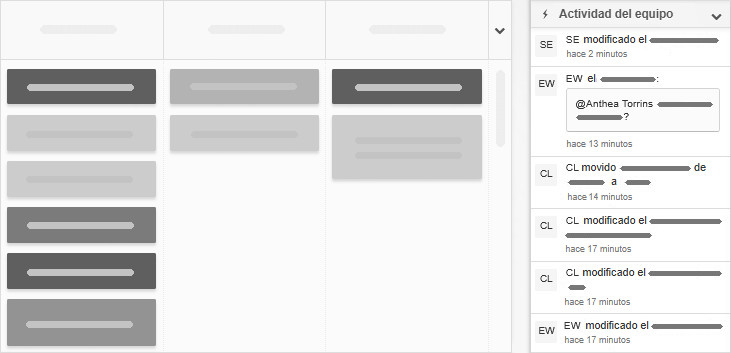 El feed de actividades del equipo en el panel lateral del tablero