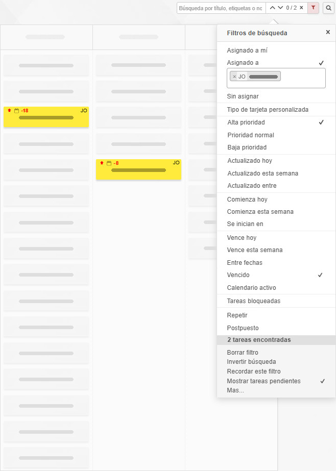 Filtrar el tablero según criterios preestablecidos